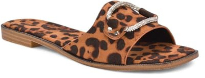 ESSEX GLAM Women's Slip On Slider Ladies Sparkly Diamante Trim Faux Leather Holiday Comfy Casual Flat Mule Sandal Size 3-8