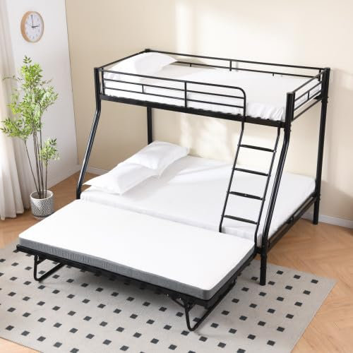 HAUSPROFI 140×200cm/90×200cm Metall Etagenbett mit Ausziehbett, Doppelstockbett für Jugendliche Erwachsene, Hochbett mit Anti Fall Geländer Rutschfester Leiter - Schwarz