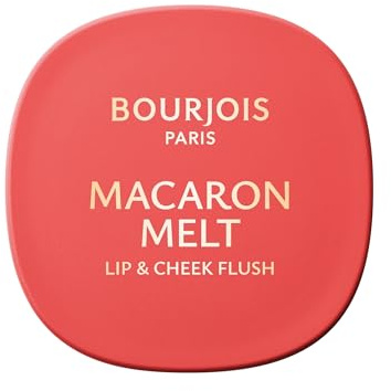 Bourjois Macaron Melt Lip & Cheek Flush, 3 Peach Tatin Blush, Elastic Texture of Cream Powder, Velvety Lightweight Formula, Integrated Mirror, 8 g