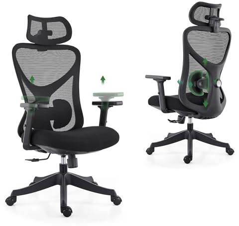 CALIYO G-1635H Bürostuhl Ergonomisch, Schreibtischstuhl mit Verstellbarer Kopfstütze, Armlehnen, Lendenstütze und Wippfunktion – Atmungsaktiver Mesh-Drehstuhl, Gamingstuhl, Bürostuhl 150 kg, Schwarz