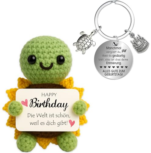 Farbeele Positive Sonnenblumen-Schildkröte und Glücksbringer-Schlüsselanhänger, Pocket Hug Positive Figur, Geburtstagsgeschenk für Frauen Männer, Geschenk zum Geburtstag, Mutmacher Geschenk