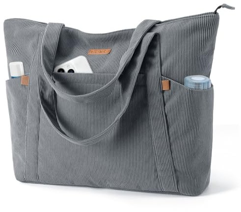 Lekespring Cord Tasche Damen, Groß Tote Bag Strandtasche mit Reißverschluss | Shopper Tasche Damen Laptoptasche mit 15.6 Zoll Laptopfach, Elegant Handtasche Umhängetasche für Arbeit Schule Gym-Grau