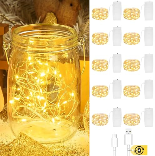 Dekukar 10 Pack Rechargeable Fairy Lights, 2M Reusable Charging String Lights Copper Wire Light for Indoor Outdoor Lighting, Christmas Tree Bottle Bedroom Party Wedding Decoration (Warm White)