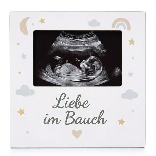 Milaboo Holzrahmen zur Schwangerschaftsverkündung – Bilderrahmen aus Naturholz mit Gravur – Fotorahmen für Ultraschallbild (Liebe im Bauch)