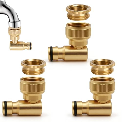 3 Stück Messing Wasserhahnanschluss 1/2 und 3/4, Messing Schlauchanschluss, Drehbarer Schlauchanschluss 360°, Garten Wasserhahn Adapter 90 Grad Winkel, Schnellkupplung für Gartenbewässerung