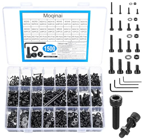 1500 Pcs M2 M3 M4 M5 Socket Head Cap Screw Set, 1500 Pcs Black Carbon Steel Allen Bolts with Nuts & Washers, Metric Machine Screw Assortment Kit with Hex Key