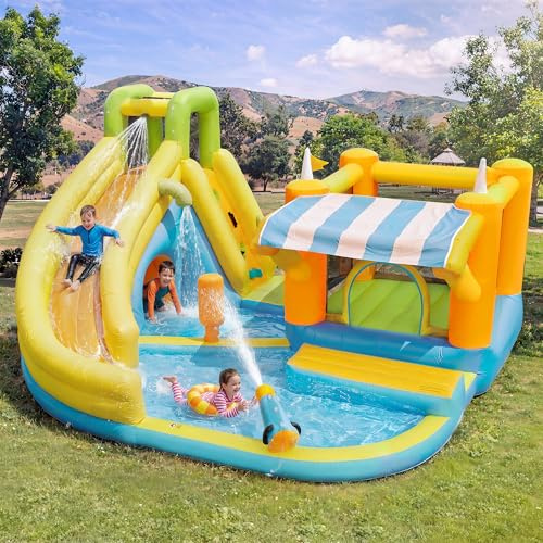 Aufblasbare Wasser-Hüpfburg 433x375x165 cm mit 10-in-1 Spielstationen – Wasserrutsche, Trampolin, Kletterwand, Basketballkorb, Bällebad & Planschbecken – inkl. 450W Gebläse für Garten & Reisen