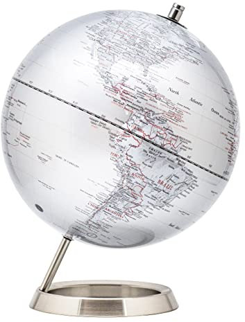EXERZ 30cm Globus Silber-Metallic Mit Basis aus rostfreiem Stahl - Pädagogische/Geografische/Desktop-Dekoration - in Englischer Sprache - Silbermetallic (Durchmesser: 30 cm)