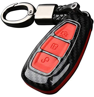 Happyit Coque en Fibre de Carbone ABS + Silicone Clé de Voiture Couverture Cas pour Ford Focus Mondeo Edge Fiesta Kuga Mondeo MK4 Fusion Escort Ecosport Porte-clés (B Fibre de Carbone + Rouge)