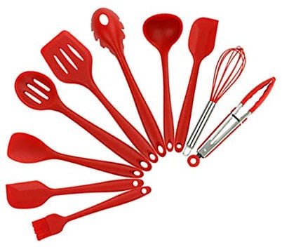 High-Q 10Pcs Kitchen Silicone Cooking Utensils Set Non-stick Spatula Turner Gadget Tool - Red