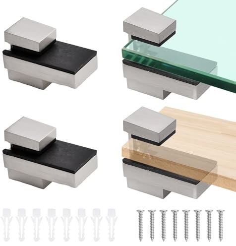 UFURMATE Glasklemme, 4 Stück, verstellbare Holz-/Glasregalhalterungen, gebürstete Oberfläche, Zinklegierung, Glasregalklemme, rechteckige Regalhalterung, Wandmontage, Glasklemmen