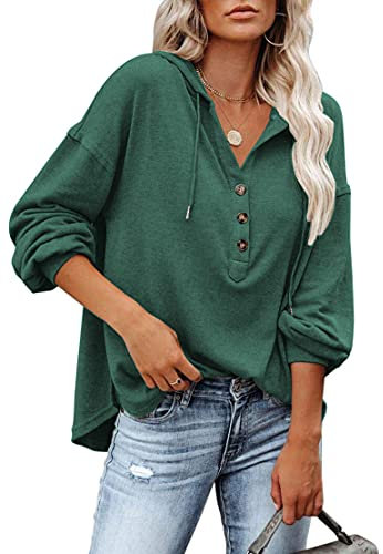 PLOKNRD Kapuzenpullover Damen Langarm Knöpfen Pullover mit Kordelzug Freizeit V-Ausschnitt Hooded Henley Sweatshirt Klassisch(Grün, L)
