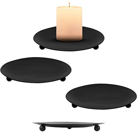 4 Stück Stumpenkerzenhalter Rund Eisen Kerzenplatte Retro Metall Kunst Kerzenständer für LED & Wachskerzen, Räucherkegel, Hochzeit, Weihnachten, Spa, Schwarz