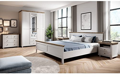 Schlafzimmer Komplett Set Landhaus weiß Esche Eiche Doppelbett Bettgestell Liegefläche 160 x 200 cm Kleiderschrank Spiegeltür Kommode Nachttisch