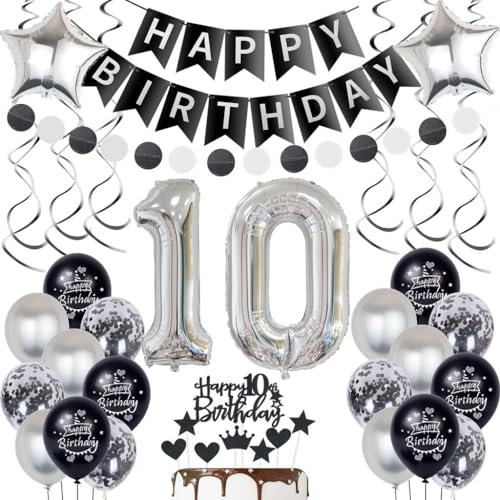 Silber 10. Geburtstag Dekoration Luftballon 10 Jahre Junge Mädchen Geburtstagsdeko 10 Jahre Junge Schwarz Ballon 10 Geburtstag Deko Schwarz Silber Mädchen Junge 10 Geburtstag Tortendeko