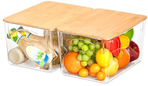 Bienvoun 2 Pack Large Transparent Storage Box with Wood Lid PET Plastic Storage Boxes Stackable Storage Baskets for Shelves Kitchen Bathroom Toy, Organiser Clear