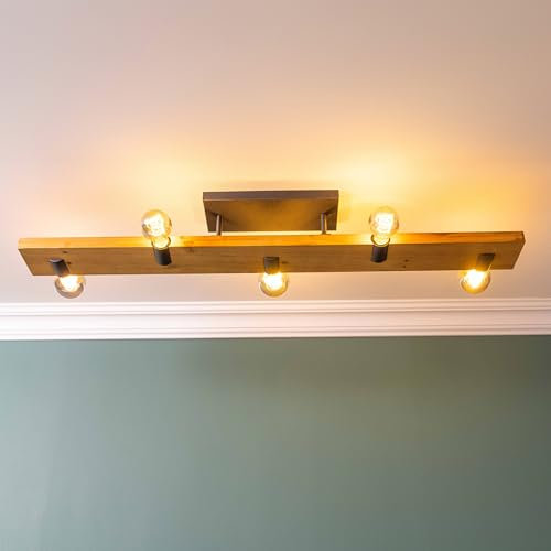 Lightbox LED Deckenlampe im Landhaus Stil - 115 x 12,5 x 16 cm - rustikale Deckenleuchte mit Holzbalken - 5 x E27 Fassung, max. 40 W - aus Aluminium/Metall/Holz - in Schwarz/Holz