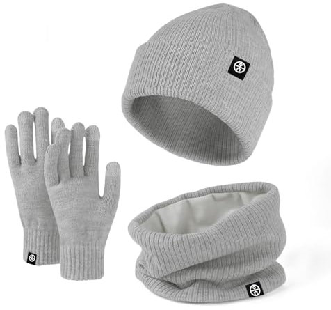 Ensemble de Tricotés Bonnet Écharpe e Gants pour Femme,Doublure Intérieure en Polaire Douce Brossée, Cache-cou élastique, Gants épais pour écran Tactile, pour Temps Froid (Gris clair)