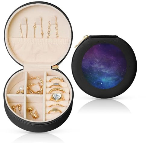Universum mit Sternen und Galaxie, interstellar, tragbare, runde Leder-Schmuckschatulle – perfekte Aufbewahrungslösung für Ringe, Ohrringe, Halsketten, Armbänder