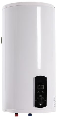 OUKANING Elektro Warmwasserspeicher Warmwasserboiler Für Bad/Küche, 25-75°C 220V 2000W Edelstahl+Emaille+Kunststoff, Mit Dusche, IPX4, Leckage-Schutz,Wasserhahn (Vertikal, 50L)