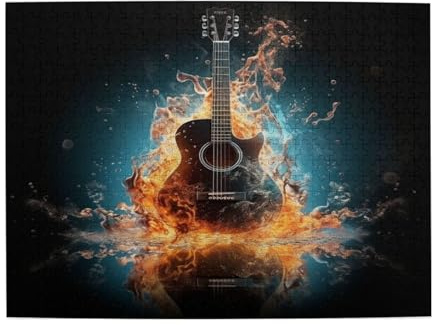 Mexpekil 500 Pieces Jigsaw Puzzles Cool Fire Water Music Guitar Puzzles For Adults, Wood Puzzle Educational Game Jigsaws Gift For Men Women Mother Father
