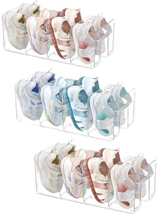 NUOLUTH Klares Acryl-Schuhregal für Schrank-Organizer und Aufbewahrung, kleines Schuhregal, 4 Abschnitte, Kleinkind, Baby-Schuh-Organizer, stapelbares Schuhregal, Kinderschrank-Organizer und