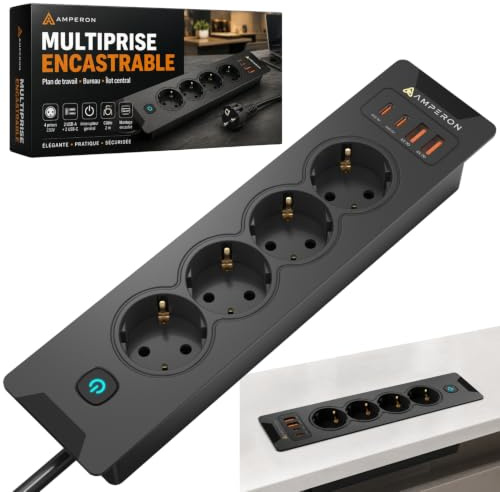 Multiprise Encastrable Plan de Travail avec Interrupteur USB-C Inclus | 4 prises 230V (3680W) 2 ports USB-A et 2 USB-C Idéale pour cuisine, bureau ou îlot central. Câble 2 m, montage encastré