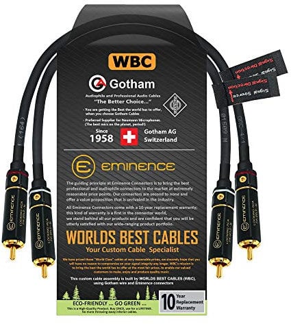 15 CM RCA Cable Pair - Gotham GAC-4/1 (Black) Star-Quad Audio Interconnect Cable with Premium Gold plated Locking RCA Connectors - Directional