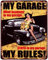 Blechschild My Garage My Rules! Frau auf Auto 20 x 25 cm Deko Schild mit Aufdruck Aufschrift