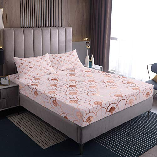 Girly Bed Sheet Set Chic Floral Pattern Art Bed Sheets for Kids Boys Girls Glitter Pink Flowers Bedding Set Rose Gold Decorative Fitted Sheet Room Decor 2Pcs Single Size,Zipper