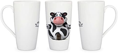 Merchandise for Fans Latte Macchiato Becher Kaffeebecher aus Keramik mit Fotodruck - 450ml - Motiv: 3D Comic Kuh beim Yoga |001