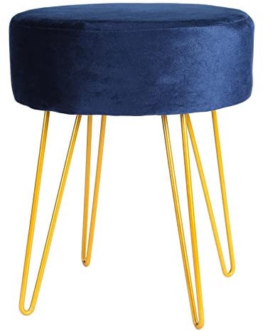 Harbour Housewares Velvet Round Foot Stool - Blue with Gold Legs - Small Modern Dressing Table Pouffe Footstool Vanity Seats Vanity Chairs Footstools for Living Room, Bedroom