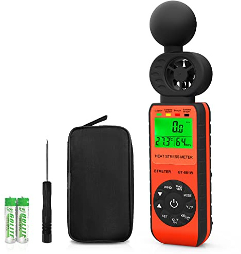 BTMETER Misuratore di vento Misuratore di stress termico WBGT, anemometro digitale portatile con velocità/temperatura/umidità del vento per interni, esterni e industrie (BT-881W)