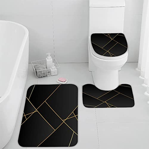 Badezimmer Badematte 3 Teilig Set Mosaik- rutschfest Badteppiche Saugfähig Badezimmermatte Weich WC-Deckelbezug U-Förmige Matte Maschinenwaschbar Badvorleger (Schwarze Farbe goldene Farbe)