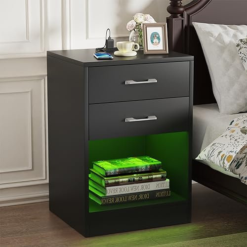 PIPIPOXER Nachttisch Schwarz mit Steckdose & USB, Nachtschrank Nachtkommode 2 Schubladen mit Led 16 Farben Beleuchtung Beistelltisch für Schlafzimmer, 40x35x60cm