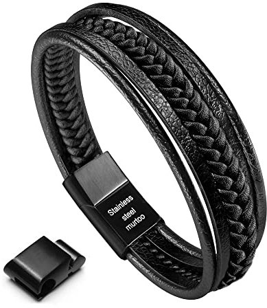 Murtoo Mens Unisex Cuff Bracelet - Black Leather Multi-Layer Magnetic Clasp Rope Wristband (Black, 7.5'')