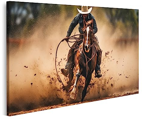 islandburner Prime Bild auf Leinwand Cowboy Mann Cowboyhut Reitet Pferd mit Lasso Western Szene Bilder Wandbilder Poster