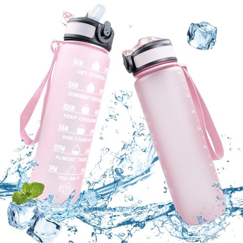 flowgoer Sport-Wasserflasche 1L Tritan BPA-frei | Auslaufsicher mit Strohhalm & Zeitmarkierung | Trageriemen, Fitnessstudio & Outdoor (Rosa)
