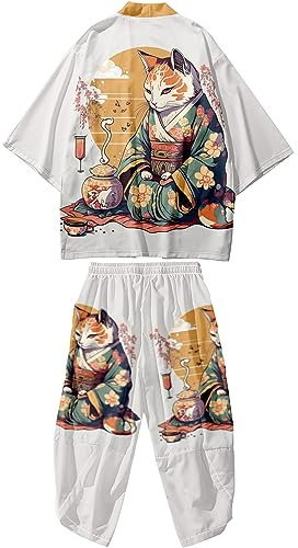 DOSLAVIDA Japanischer Kimono-Cardigan für Herren, chinesischer Stil, bedruckte Jacke, Hose, Set, vorne offen, sieben Ärmel, Oberteil und Shorts, Größe S, 02-gelb