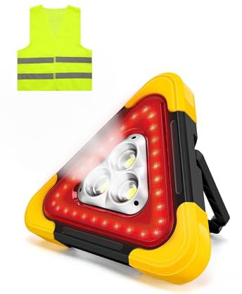 Triángulo Luz de Alerta, Triangulos Coche, Triángulo de Seguridad, Luz de Alerta Multiusos 30W, Luz Emergencia Portátil con Asa, Alta Visibilidad, Impermeable, 3 Modos, Chaleco Reflectante Incluido.