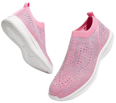 LUCKY STEP Baskets à la Mode Chaussures de Course Respirantes et étincelantes pour Femmes Paillettes (Rose, 6US-36EU-3UK)