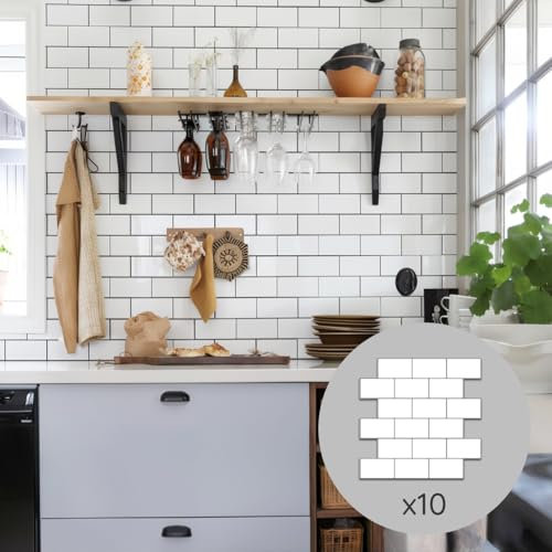 Pegatinas de Baldosas 3D para Cocina y Baño, (Pack de 10) Impermeables PVC, Fácil Colocación y Limpieza. Vinilos decorativos. Color White Ceramic