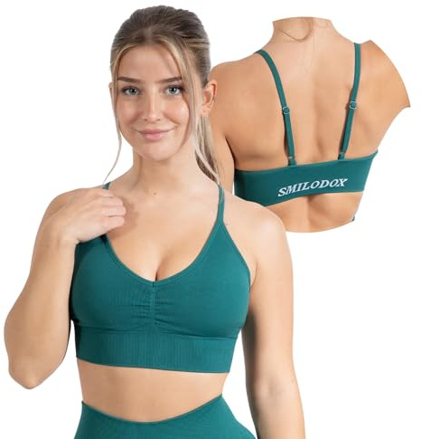 SMILODOX Sport BH Damen Maria - Solid Scrunch Push Up BH, Shaped Fit, Fester Halt, Blickdicht Bustier, verstellbare Träger, V-Ausschnitt BH ohne Bügel, Yoga, Fitness & Alltag, hoher