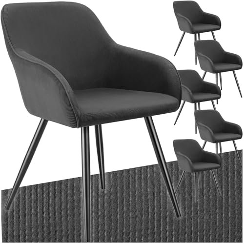 tectake® 6X Esszimmerstuhl, Sessel bequem mit Armlehne, Polsterstuhl, Cord Cocktailsessel, Loungesessel für Wohnzimmer, Esszimmer, Moderne Küchenstühle, Bürostuhl - anthrazit/schwarz