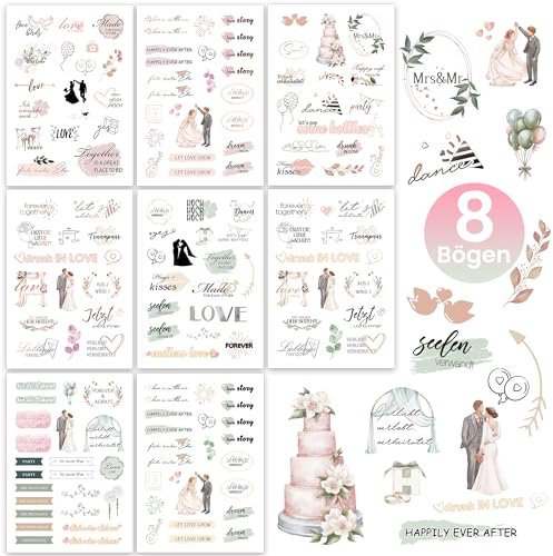 Hyggartn Sticker Hochzeit Gästebuch – 128 Aufkleber auf 8 Bögen mit liebevollen Motiven – Für Hochzeitsalbum, Scrapbook & Gästebuch – Deko Sticker zur Hochzeit