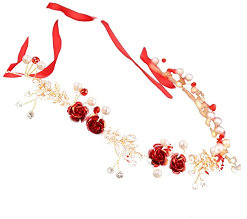 Haarschmuck, Haarreifen, Girlande, Blumen-Haarschmuck, Braut-Haarschmuck, Blumen-Perlen-Stirnband, rotes Haar-Accessoire for Frauen, Weinreben-Girlande, Strass, Hochzeit, Braut, dekorieren/940