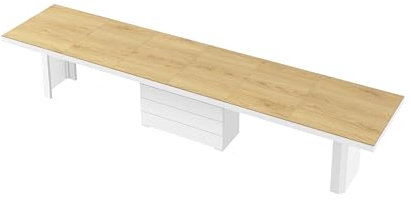 Design Esstisch HE-444 Eiche Natur/Weiß Hochglanz ausziehbar XXL 160 cm bis 412 cm Esszimmertisch für 16 Personen Kitchentable Funktionstisch Ausziehtisch Esszimmer Tisch Esszimmermöbel