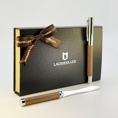 LACHIEVA LUX Walnuss-Tintenroller und Brieföffner-Set, Executive Gift | Keine zwei Sets gleich, echte Walnussmaserung, handgefertigtes Design, deutsche Nachfüllung, nachfüllbares Design