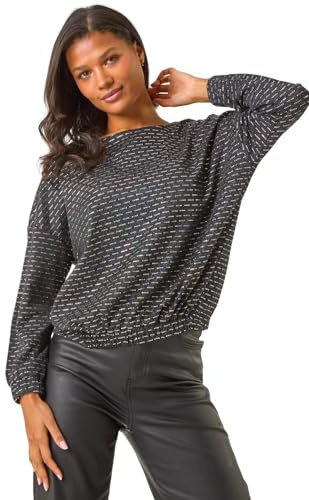 Roman Originals Bubble Hem Textured Stretch Top for Women UK - Ladies Everyday Autumn Winter Round Neckline Comfy Soft Evening Vacation Work Party Night Out - Noir - Size 12