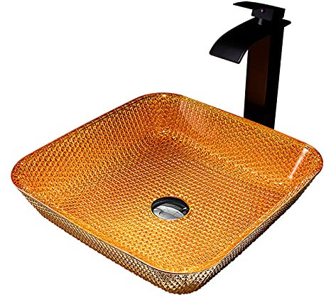 SaryEdge Lavabo de Salle de Bain en Verre avec Robinet en Cascade et bonde escamotable, Transparent(